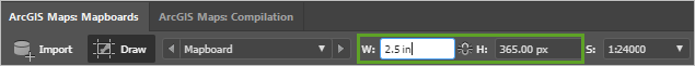 Width and height settings on the Mapboards window toolbar Width and height settings on the Mapboards window toolbar