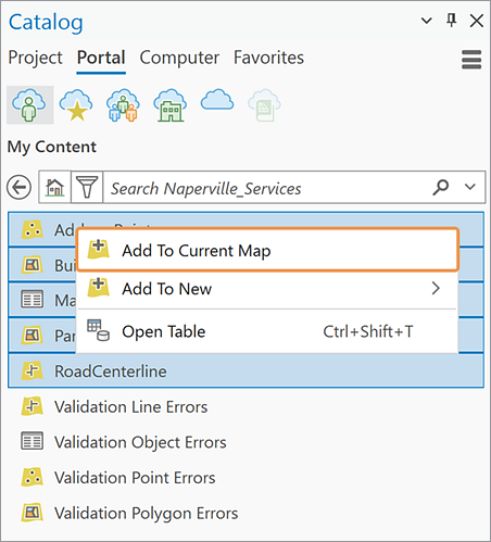 Catalog pane with Add To Current Map selected